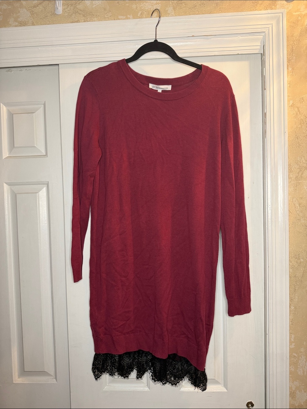 BCBG Burgundy Long Sleeve Dress with Black Lace Hem
